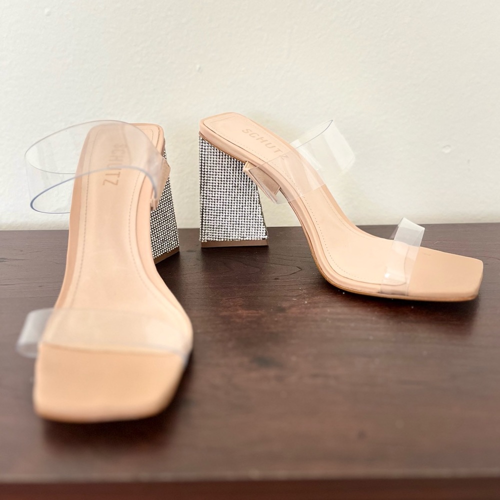 Schutz Ariellen Vinyl Crystal Block-Heel Sandals Nude - Size 8.5B (M)